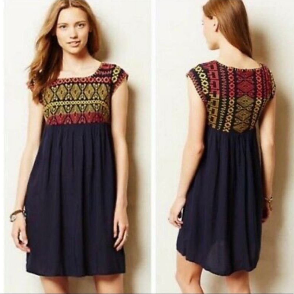 Anthropologie Navy Dress with Red and Gold Accents